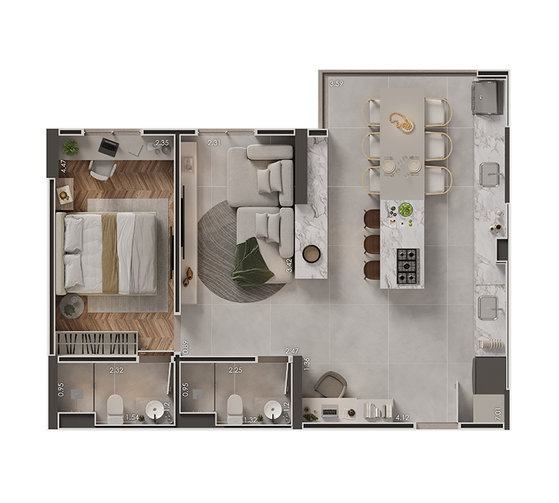 Planta 60,15m² - 1 Dorm. - Living ampliado
