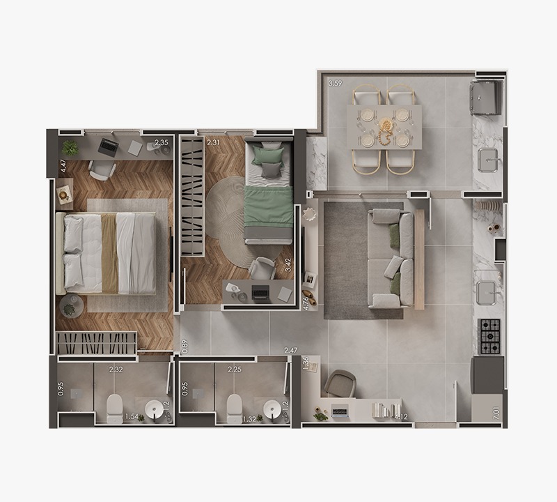 Planta 60,15m² - 2 Dorms.