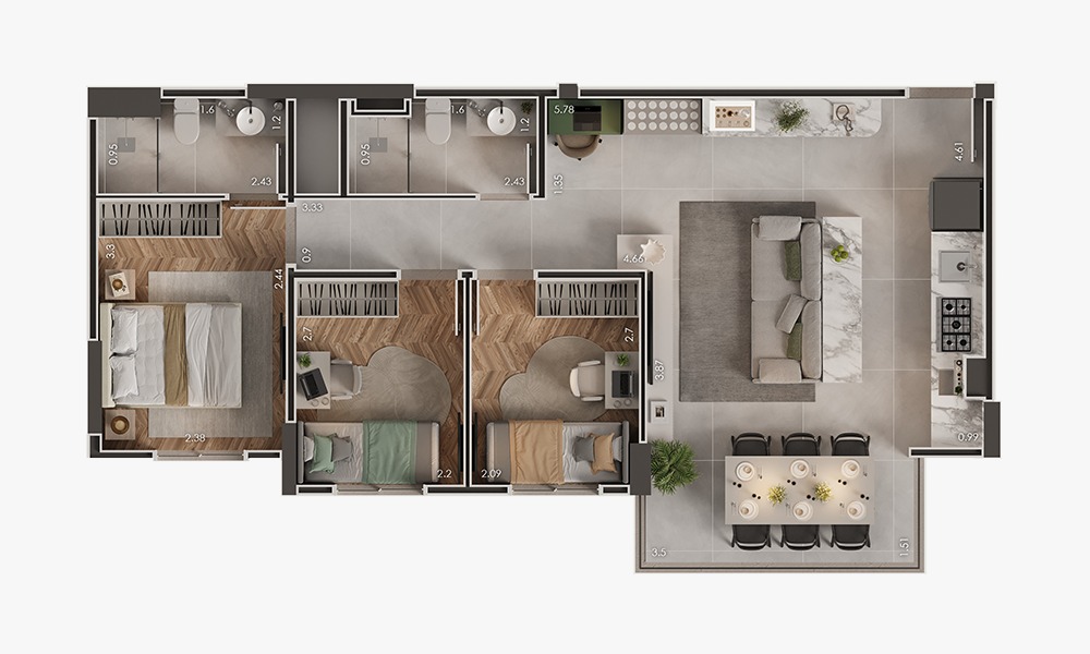 Planta 68m² - 3 Dorms. - Varanda integrada