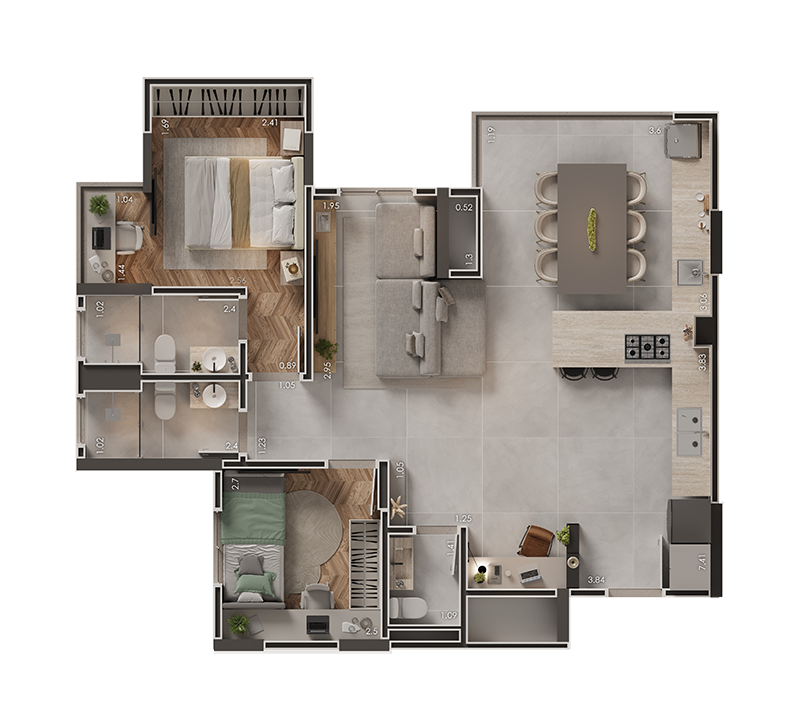 Planta 74,82m² - 2 Dorms. - Living ampliado