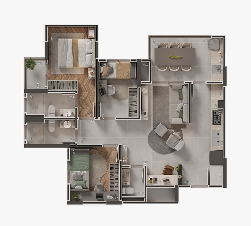 Planta 74,82m² - 3 Dorms.